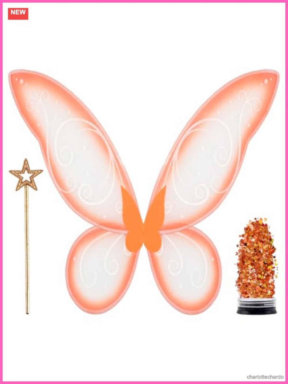 Orange Fairy Wings with Wand Glitter Adult Costume Set Cosplay Halloween